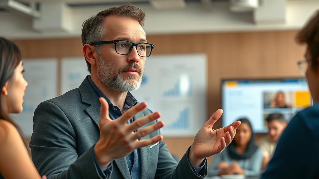 visionary marketing expert discussing digital marketing strategies with attentive team in a conference room