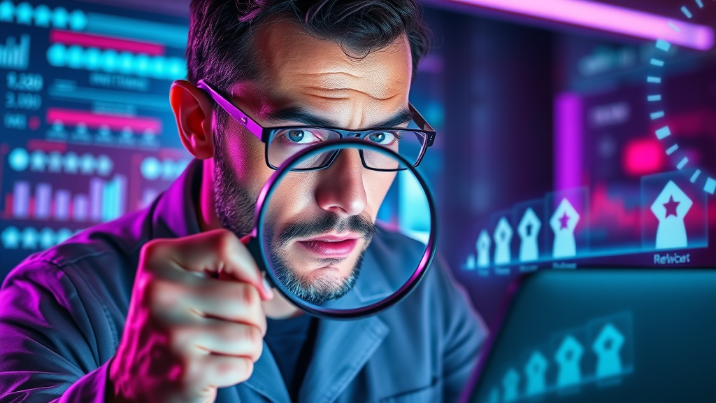 Vigilant marketing analyst examining digital marketing reviews with a magnifying glass in a futuristic neon-lit workspace