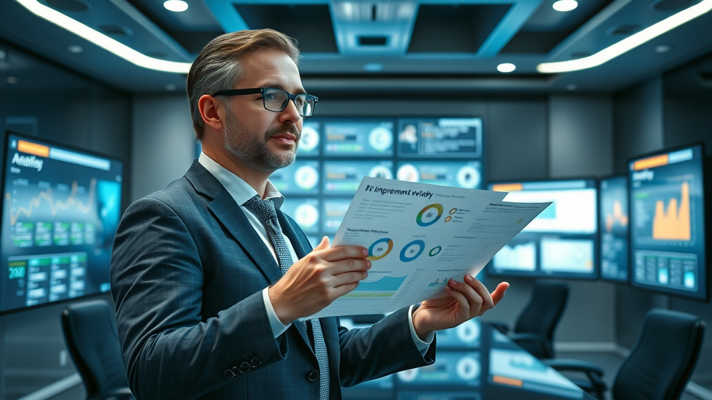 Business consultant managing negative reviews professionally, presenting improvement plan based on online reviews in a futuristic conference room with digital analytics.