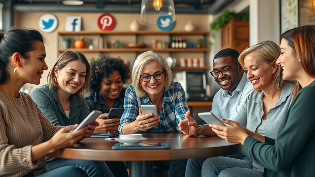 dynamic group of diverse small business owners engaging on social media in a lively coffee shop. Social media for small business presence.