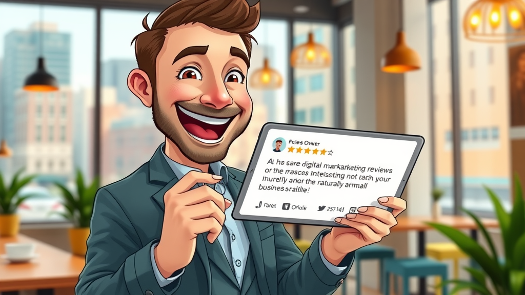 Excited business owner posting a glowing digital marketing review on a tablet in a bright, modern coffee shop; cheerful positive vibe