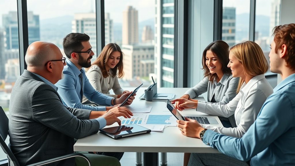 Audience targeting in a digital marketing strategy meeting with professionals collaborating around a table