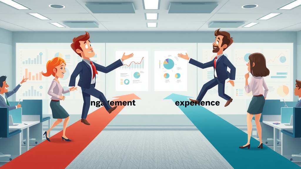 customer engagement vs customer experience - two diverging paths, people making business choices, modern colorful infographic