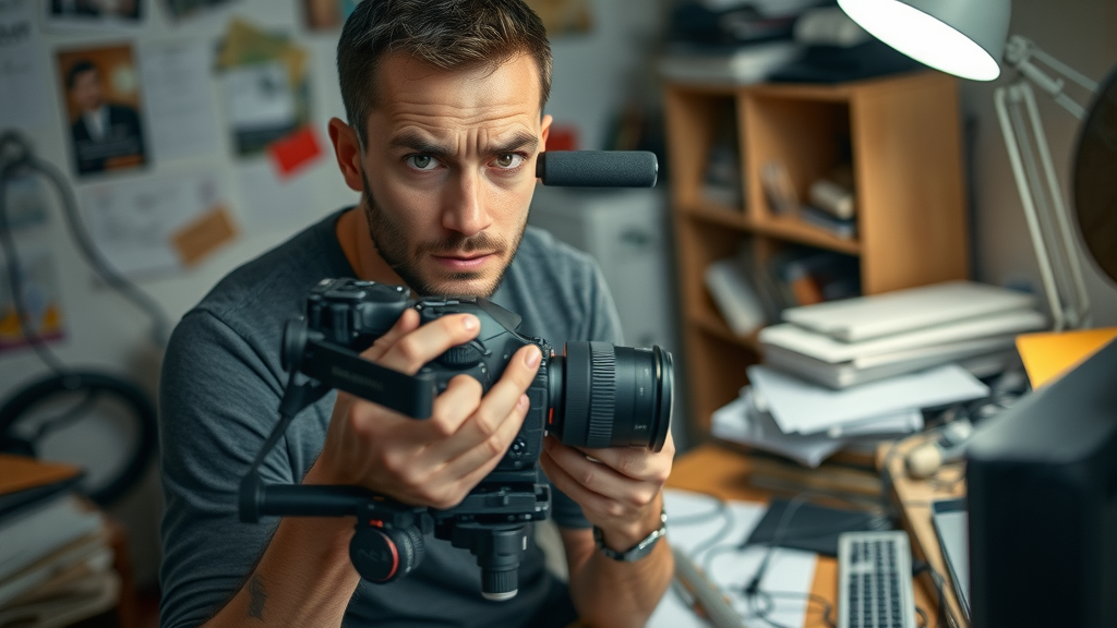 messy amateur promo video setup, frustrated person with unstable camera, cluttered home office, unprofessional lighting