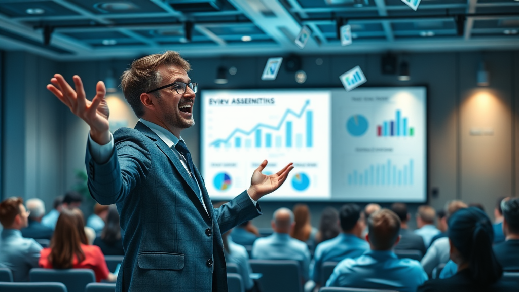Energetic marketing strategist presenting upward-trending digital marketing reviews analytics on a smartboard, seminar room with charts and digital icons