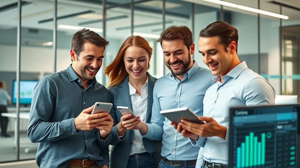 dynamic team of digital marketers collaborating over devices and analytics charts in a modern office, digital marketing strategies