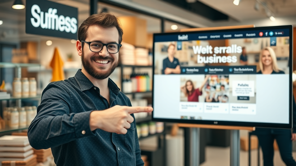 small business storefront and website homepage, connecting physical location with digital presence, social media icons, vibrant and welcoming