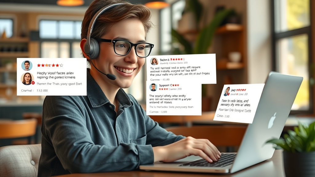support agent replying to positive and negative online reviews, building trust through responsive management and digital feedback