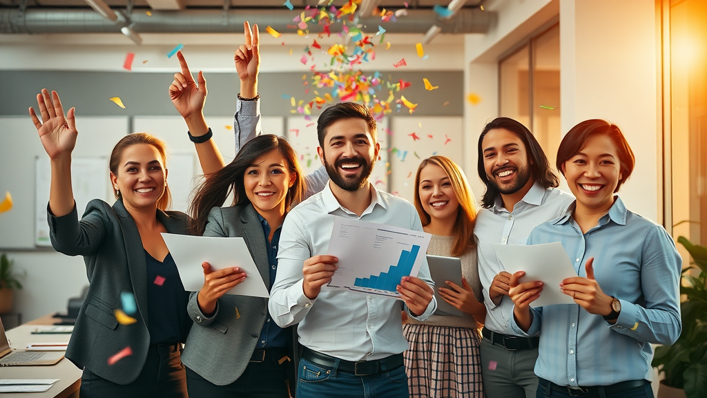 small business team celebrating successful review solicitation campaign with online review growth charts in a lively office
