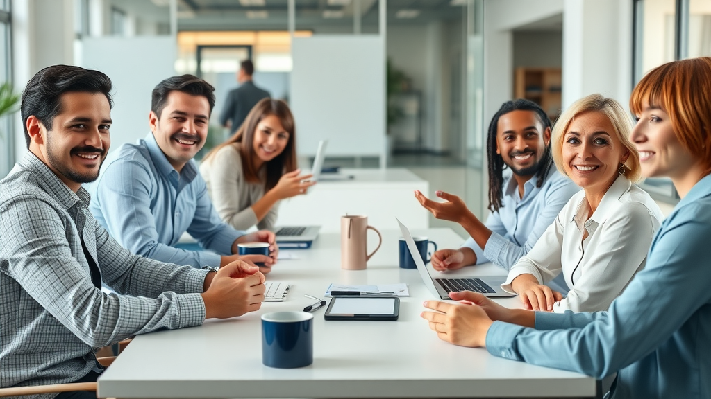 Small business team brainstorming content marketing ideas in a modern office setting