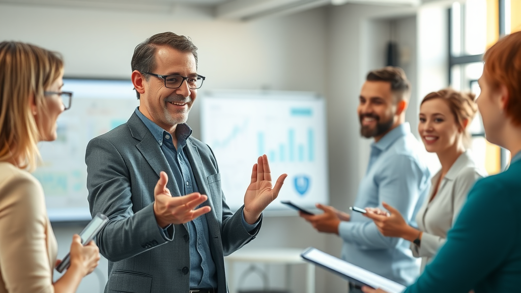 effective customer engagement - confident team leader coaching support staff in modern training room