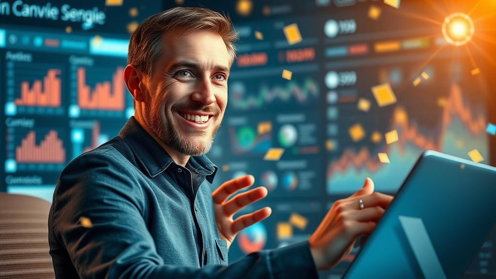 marketing manager launching social media campaign from analytics dashboard in grand digital command center