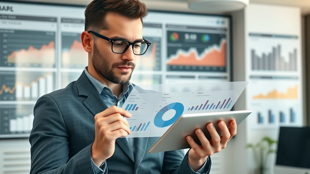 marketing analyst using digital analytics dashboard to measure brand awareness KPIs in modern office