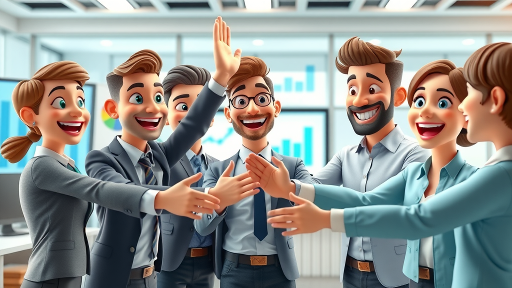 customer engagement case study - business team celebrating positive results, vibrant office, digital charts