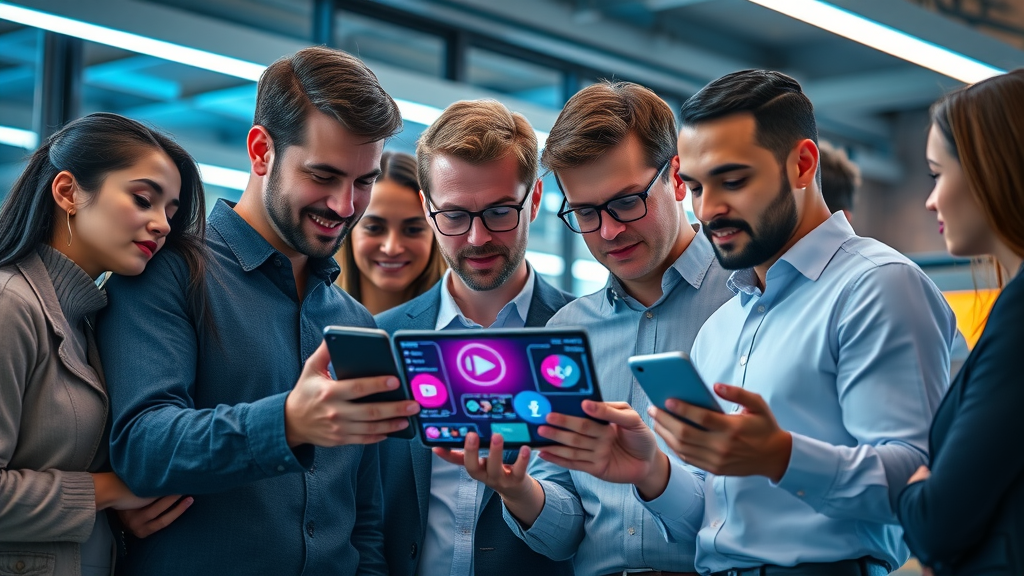 professionals reviewing DIY business video on tablet and phone, with social media icons