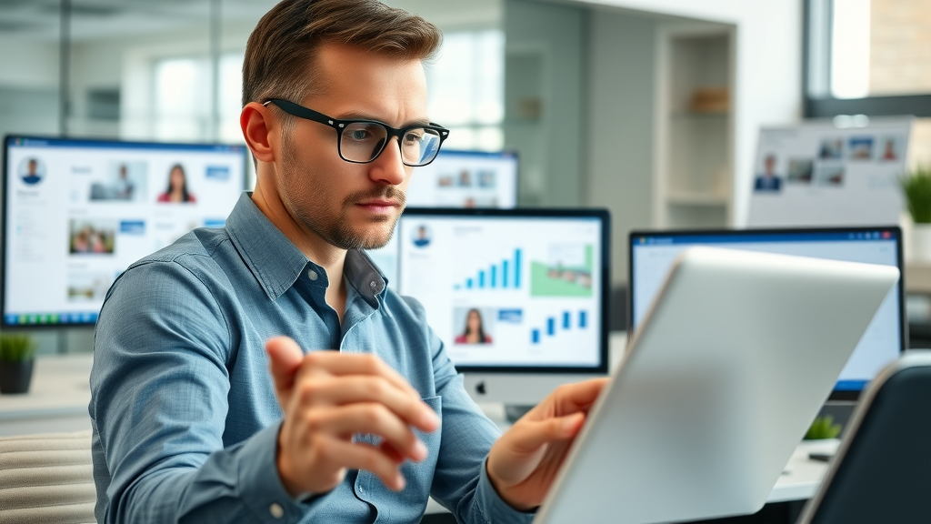 Marketer optimizing brand profiles on multiple social media platforms for maximum follower growth.