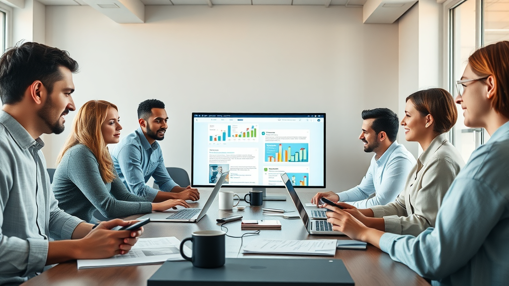 Diverse marketing team collaborating on email templates and scheduling digital marketing reviews for social media in a bright agency boardroom