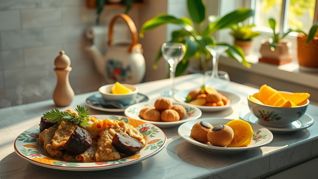 Traditional Jamaican breakfast with ackee, saltfish, and dumplings in sunlit kitchen.