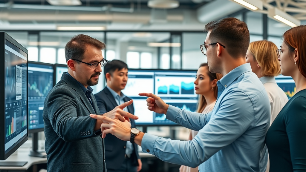 Professional digital marketing team monitoring online brand reputation with analytics dashboard and social media feeds, online reputation monitoring