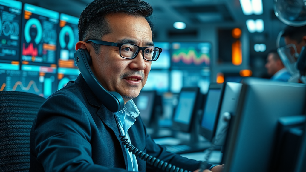 Dedicated agent under pressure, multitasking with several phone lines and digital screens, slightly stressed but resolved expression, Cinematic, futuristic contact center filled with digital dashboards and notifications, highly detailed, action elements like blinking indicator lights, cool blue tones, dynamic LED lighting, shot with a 24mm lens.