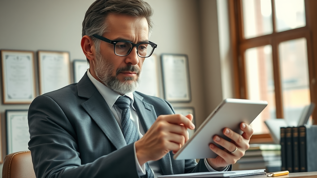 Experienced legal advisor managing negative reviews professionally by reviewing online review policies on a tablet in a law office, ensuring responses meet legal standards.