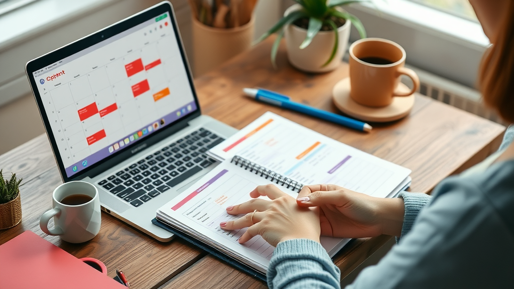 small business owner planning social media content calendar and scheduling posts.