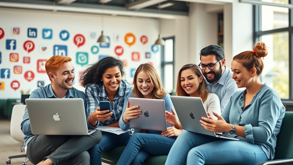 Vibrant digital marketing team collaborating for social media advertising success, modern office background