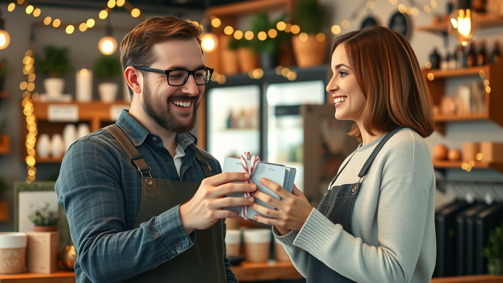 business owner rewarding a loyal customer for feedback in a vibrant, celebratory setting