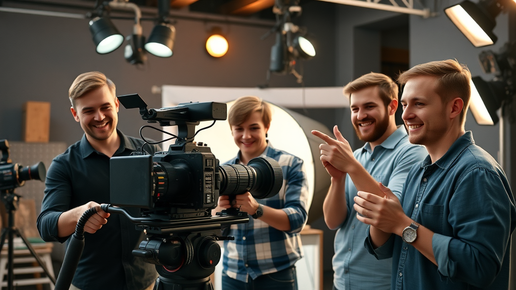 video production team enthusiastically shooting brand storytelling video, studio with set lighting, bold colors, branded props