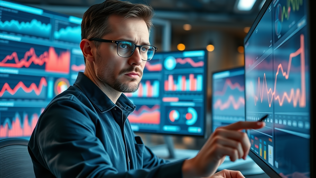 analyst examining online presence analytics dashboards for small business growth, neon glow lighting