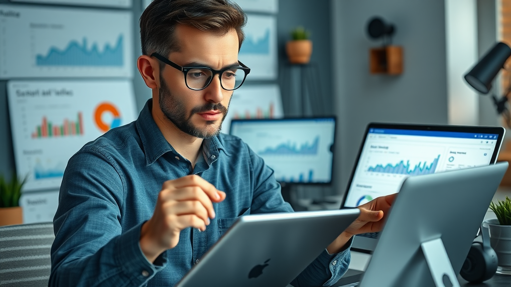 professional comparing social media analytics dashboard screens in modern workspace