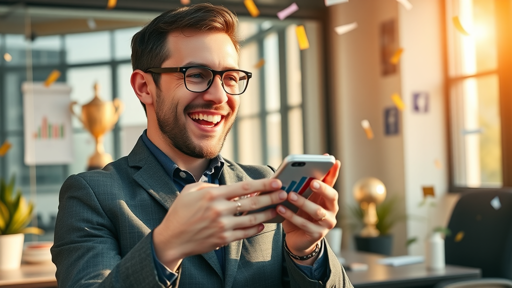 Entrepreneur celebrating rising sales from social media advertising in modern office