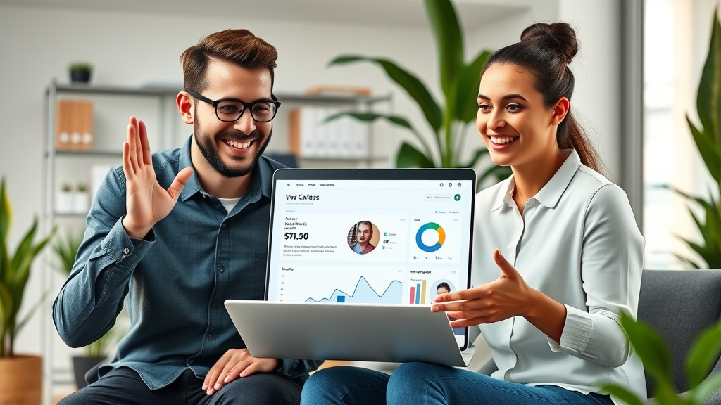 affordable video production entrepreneurs celebrating successful video campaign analytics in modern office
