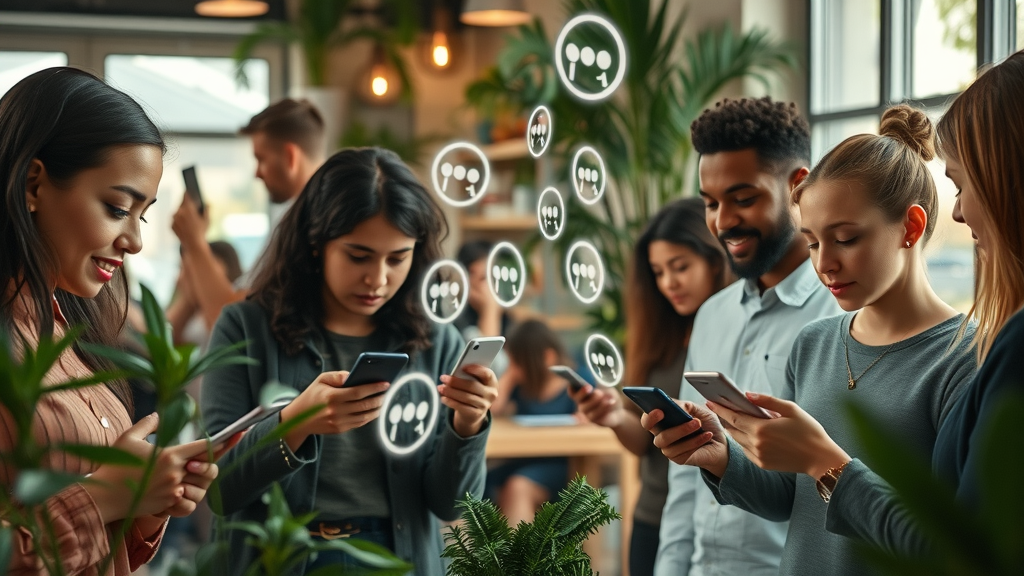 Diverse group of consumers using smartphones to leave and read online reviews