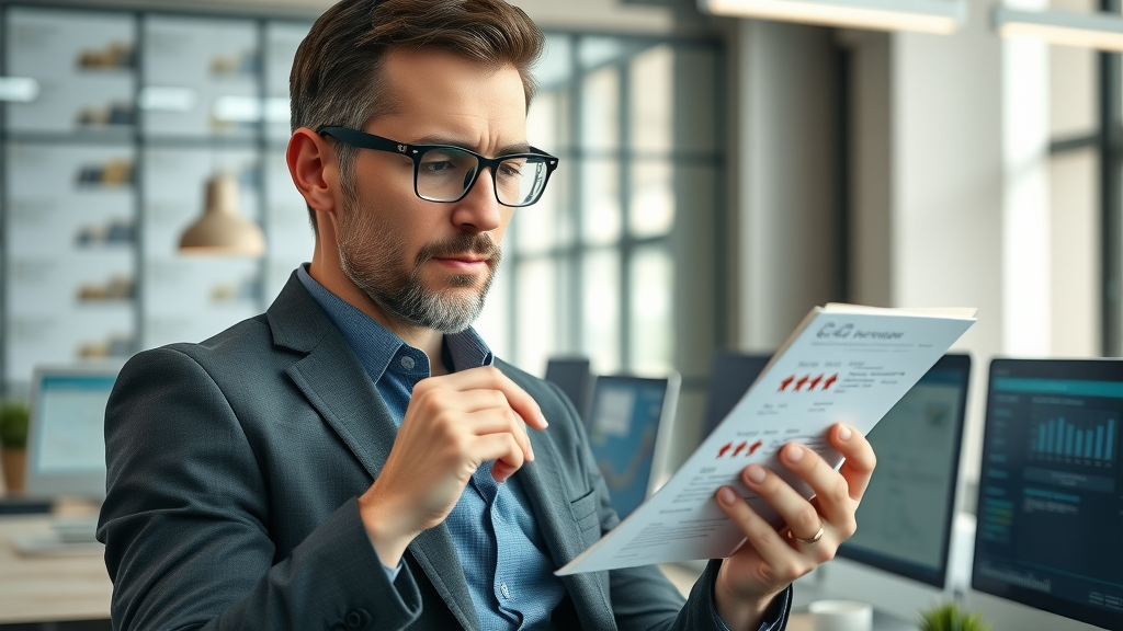 professional business owner reading online customer reviews with review response techniques in a modern office