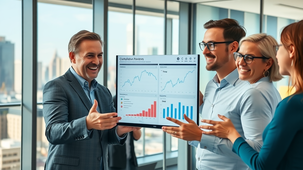 professional business team analyzing online review data, positive expressions, looking at graphs on a big screen, online review strategy, modern office, city skyline