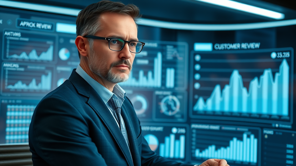 business review response tips manager analyzing customer review analytics futuristic control room LED charts