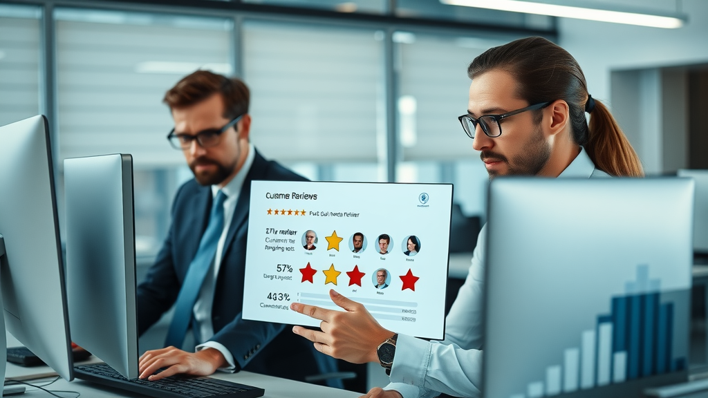 professional business team analyzing digital customer review graphs for online review management, star ratings in modern office