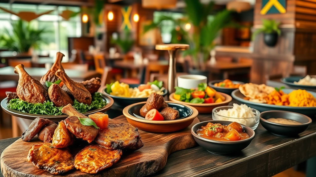 Colorful Jamaican food platter with jerk chicken and sides in rustic restaurant.