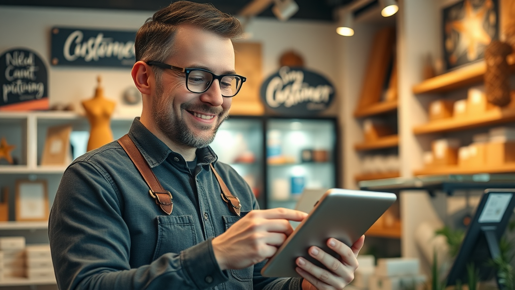 Small business owner using digital tablet to check increased conversions from audience targeting