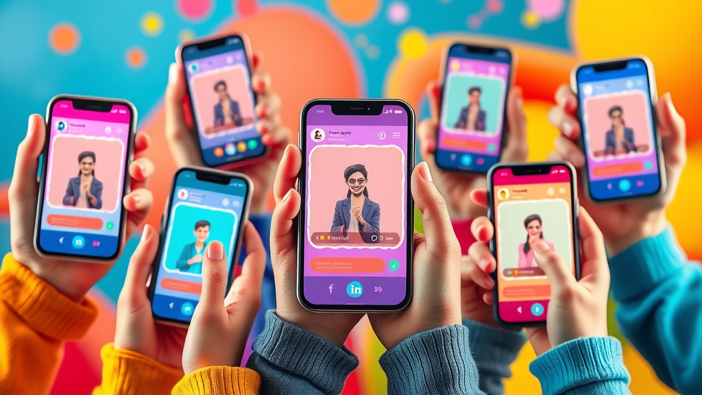 Diverse hands holding phones displaying various social media video content like Reels, Stories, Shorts