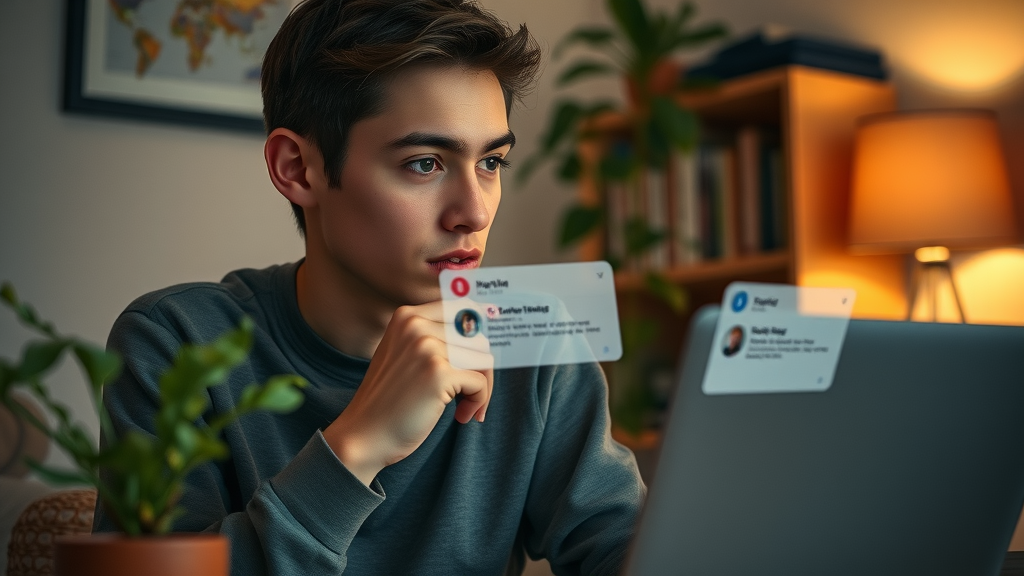 Thoughtful young adult distracted by social media notifications on a laptop at a cozy workspace - cognitive distraction from social media platforms