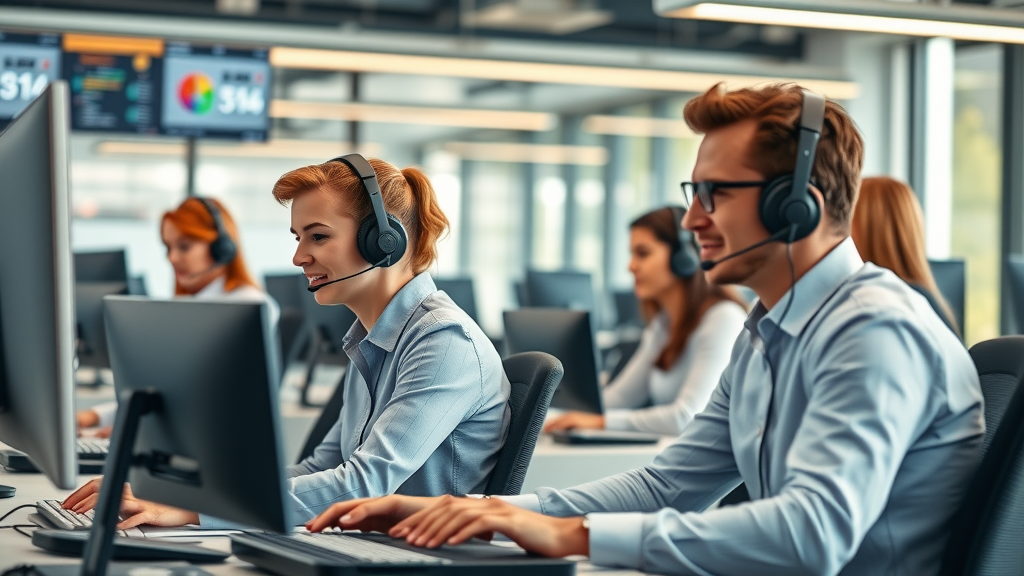 Insightful contact center environment, focused customer service agents at desks with attentive facial expressions, addressing customer issues collaboratively, Photorealistic High Fidelity Lifelike, modern open-plan office with digital displays and dynamic interaction scenes, highly detailed, agents with headsets and visible teamwork, natural daylight, colorfully branded, well-lit, shot with a 35mm lens.