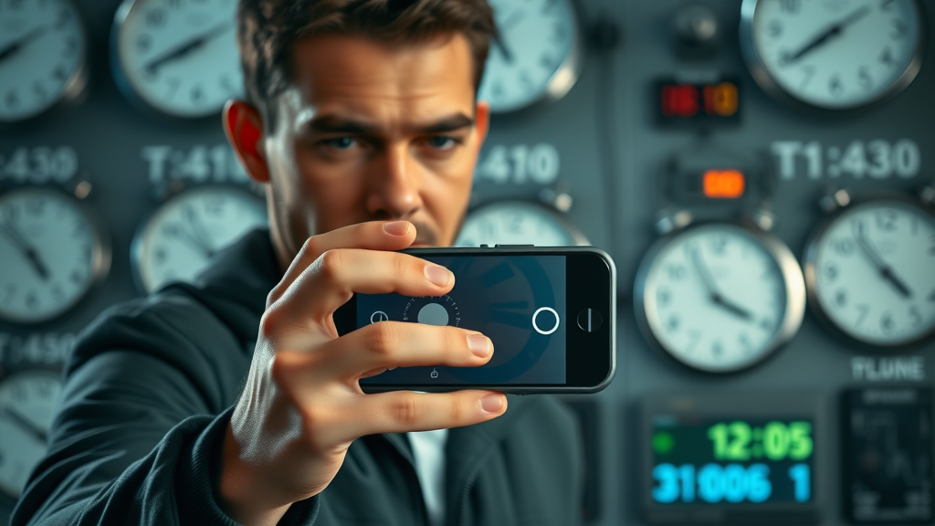 Focused individual timing a short social media video with urgency visuals