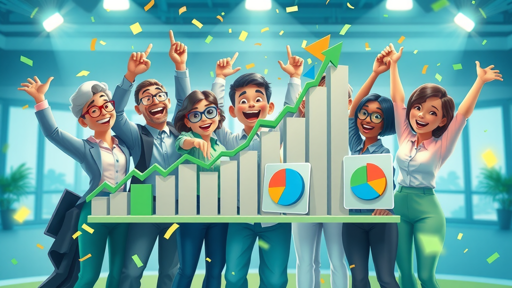 improving customer satisfaction shown by upward trending metrics, celebrating team, customer retention graphs