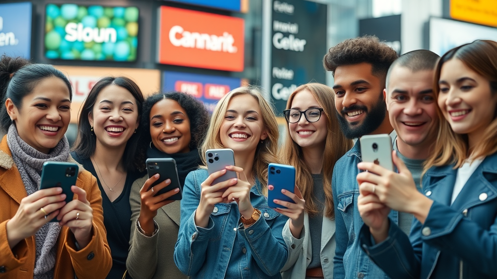 diverse consumers engaging with branded products, user-generated content in modern urban setting