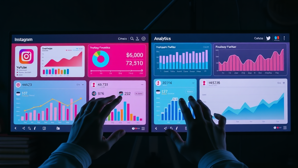 social media analytics dashboard interfaces for Instagram, YouTube, Twitter, Facebook, LinkedIn