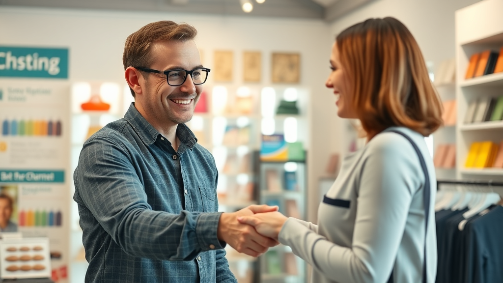 relieved customer shaking hands with business owner after negative review issue resolved