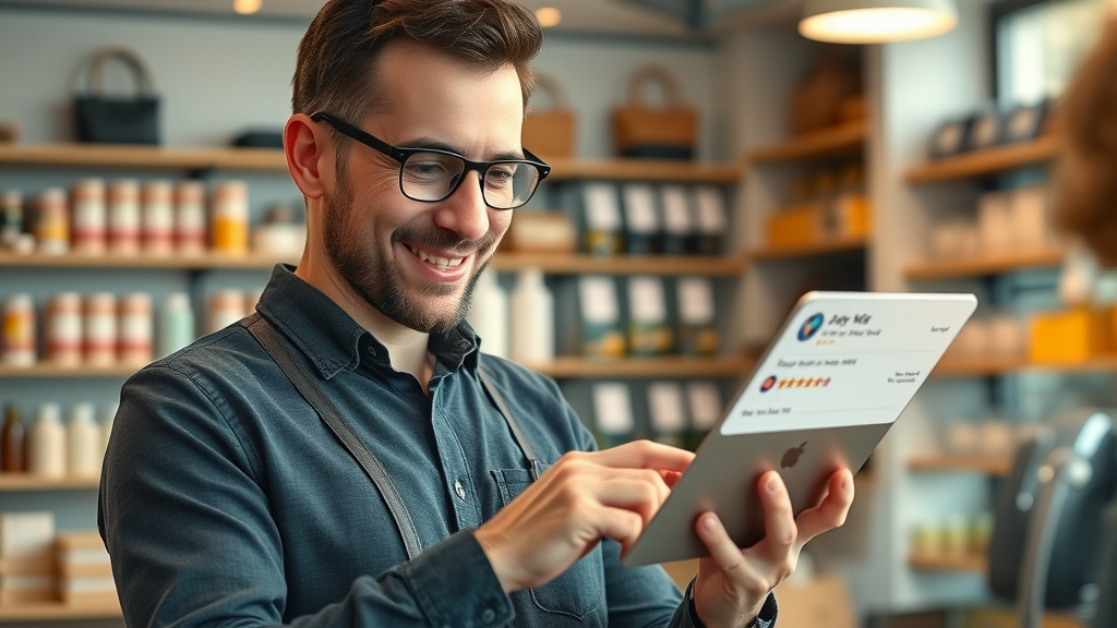 confident small business owner checking online reviews with online review management, digital ratings overlays in store background