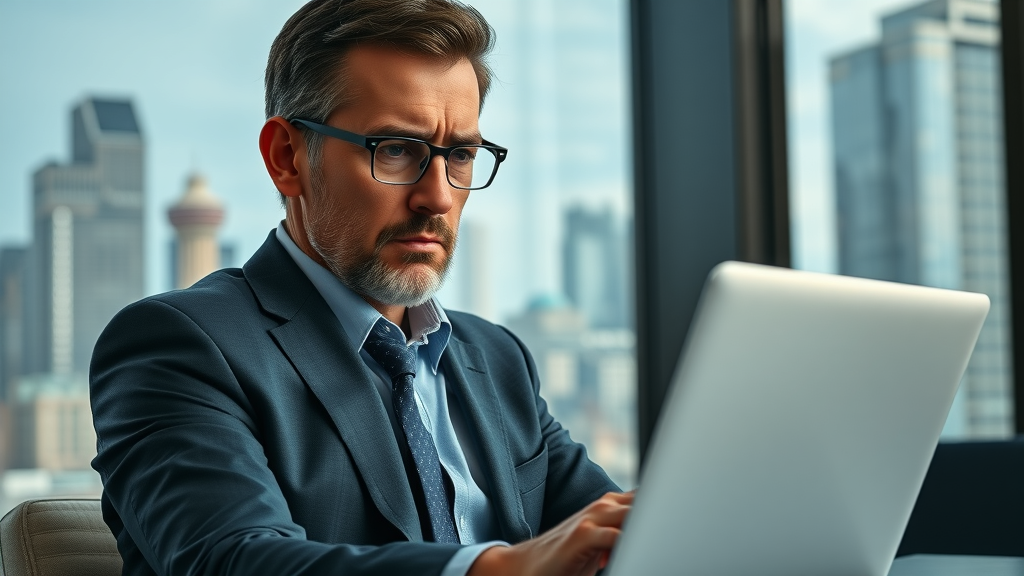 Concerned business owner reviewing crisis mentions on a laptop with negative social media notifications, online reputation monitoring